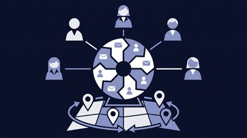 Illustration of incoming leads distributed evenly to a team of sales reps