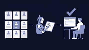 AI prospecting workflow: one target contact selected, an AI agent drafts outreach, and a person reviews it before sending