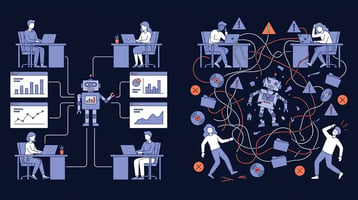 Split illustration of an organized team using AI on clean CRM data versus a chaotic team with tangled data and warnings