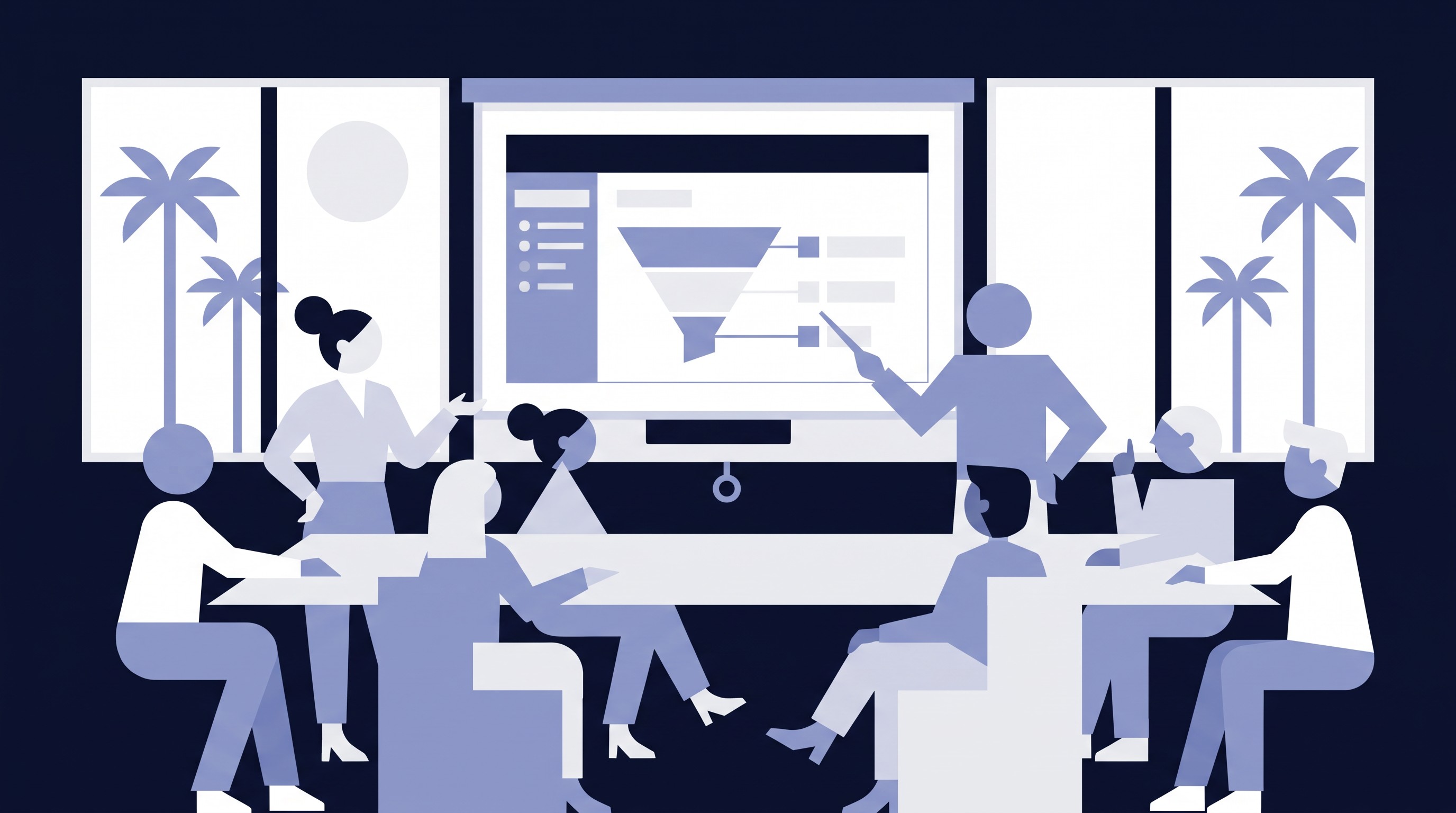 Illustration of an Orange County HubSpot User Group meetup watching an AI sales tools demo