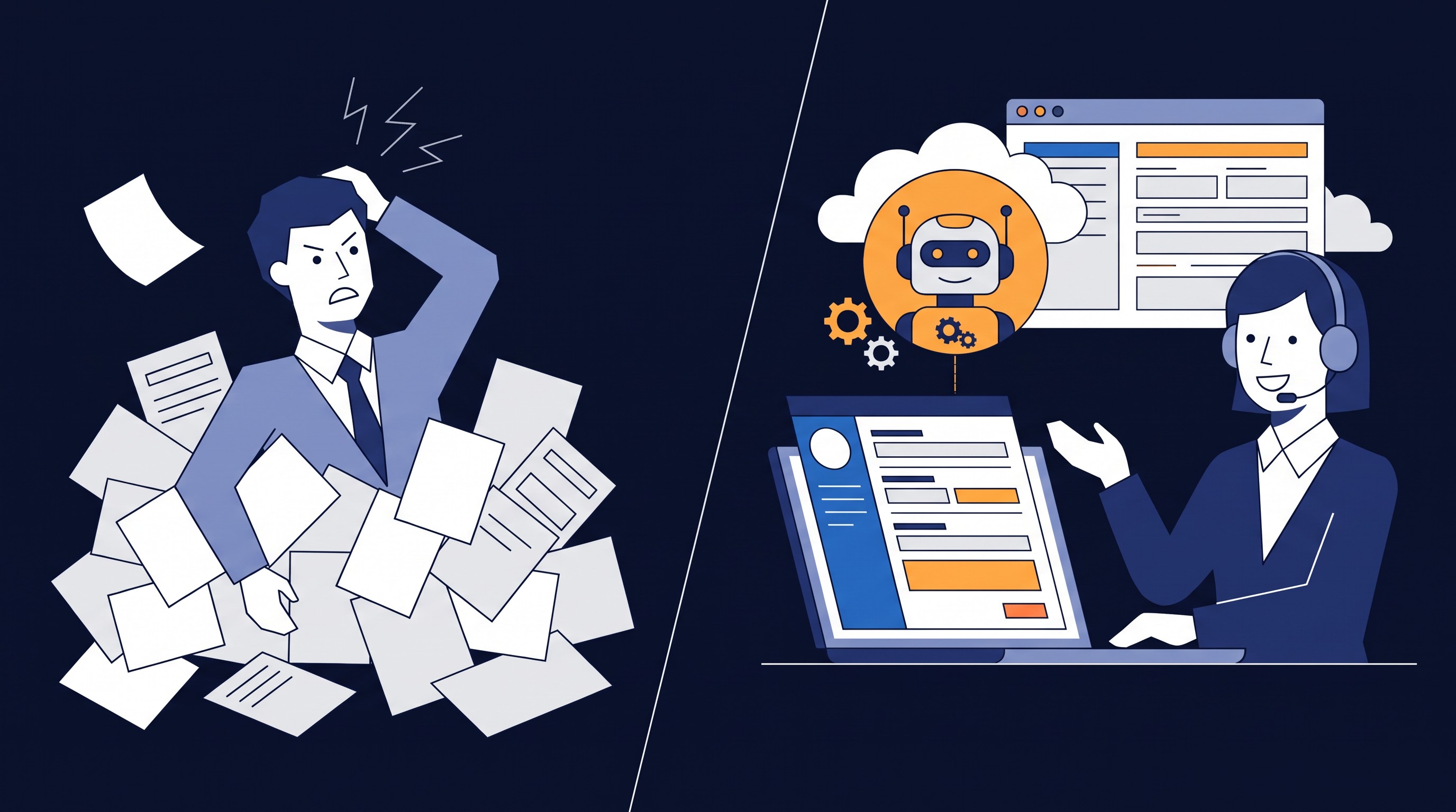 Illustration of AI filling the CRM so a salesperson can focus on the customer