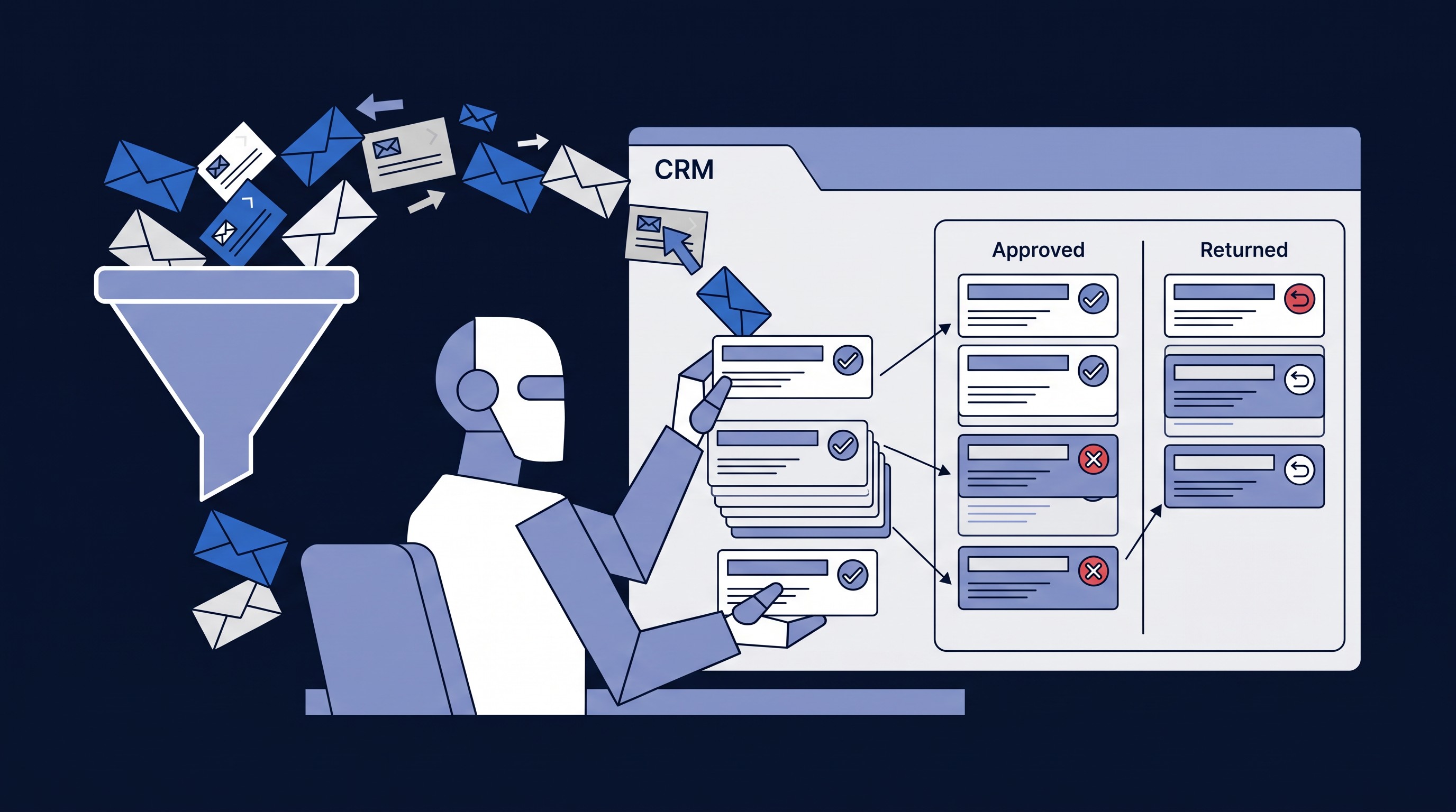 Illustration of an AI agent sorting broker loan emails into a CRM