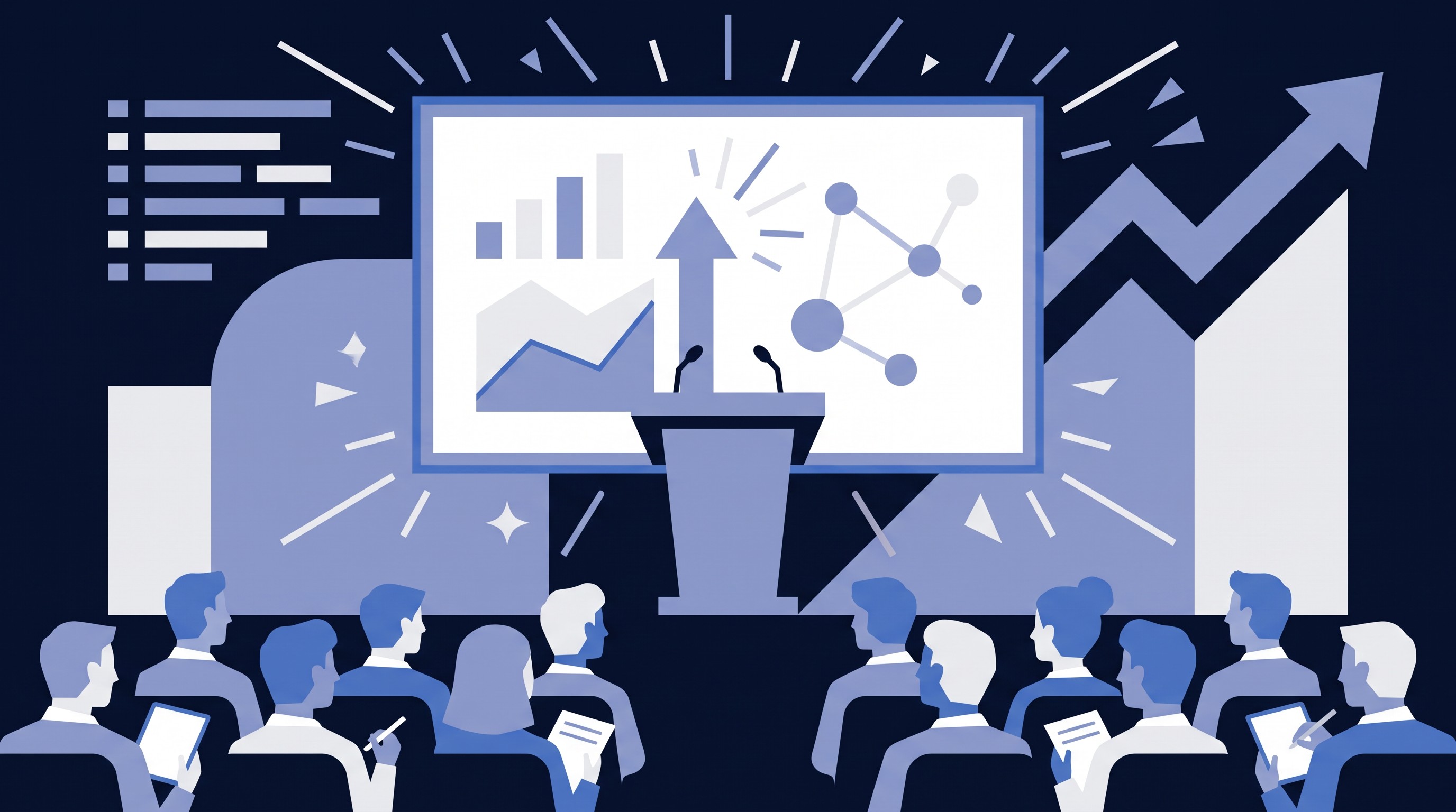 Illustration of a HubSpot product keynote with sales professionals in the audience