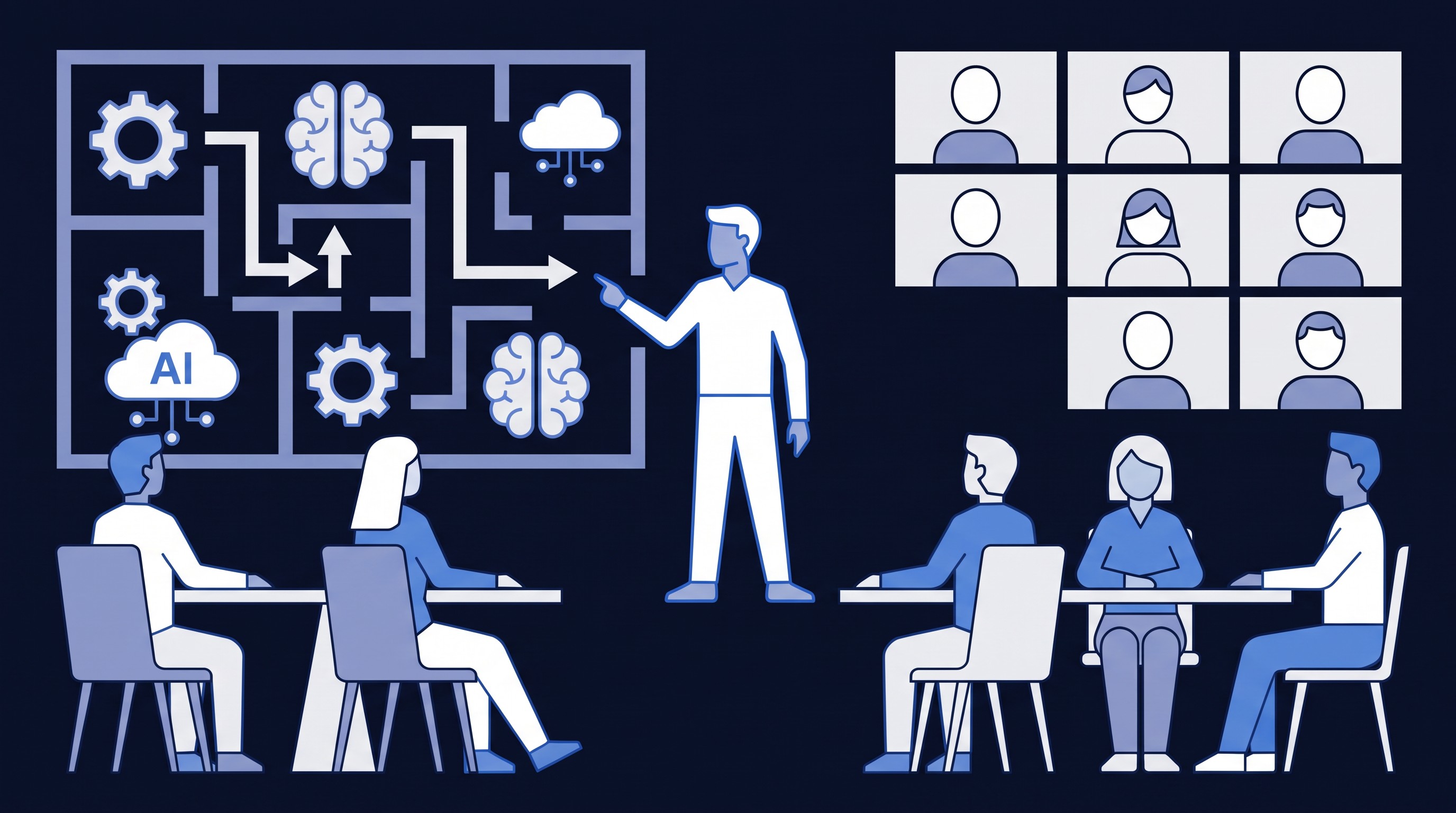 Illustration of a hybrid user group meetup mapping a simple path through AI tools